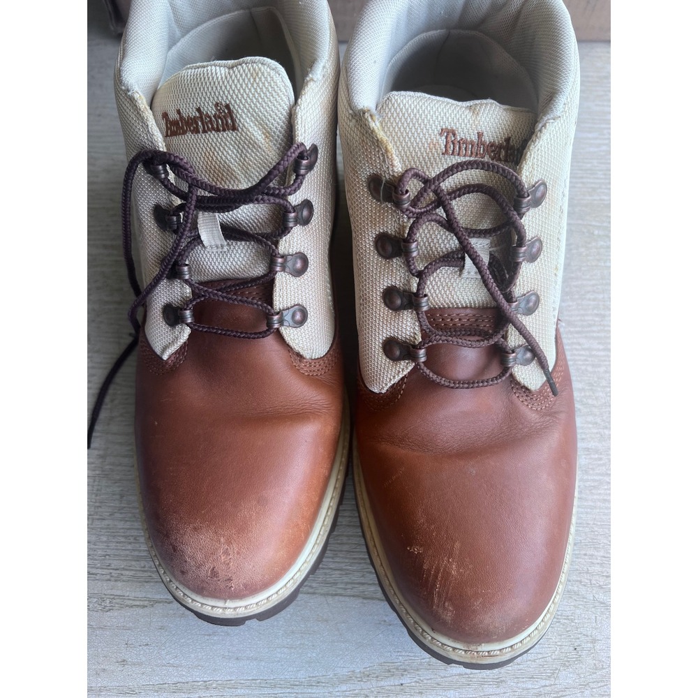 Timberland Mens A12M1 Brown Leather Cream‎ Canvas Mid Top Hiking Boots Size 10